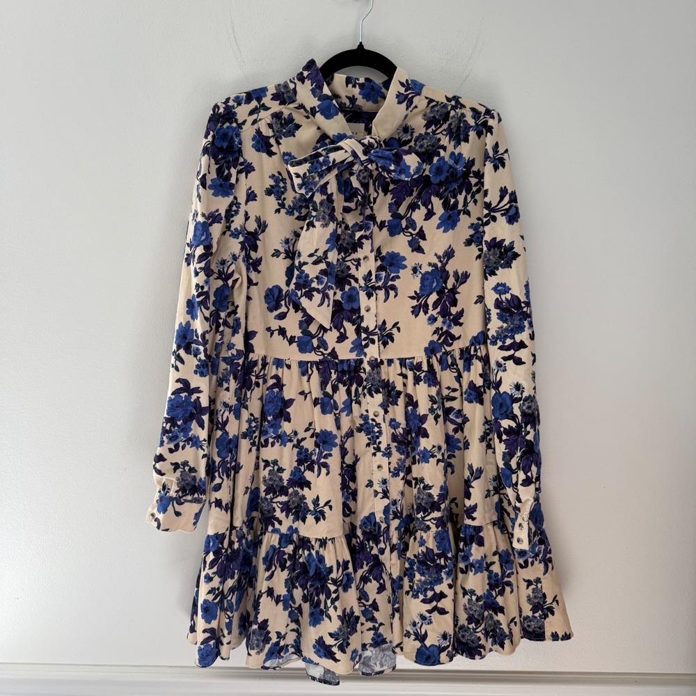 Sezane women's Floral Soledad dress Tiered Mini Dress Blue Cream size 12 (44)